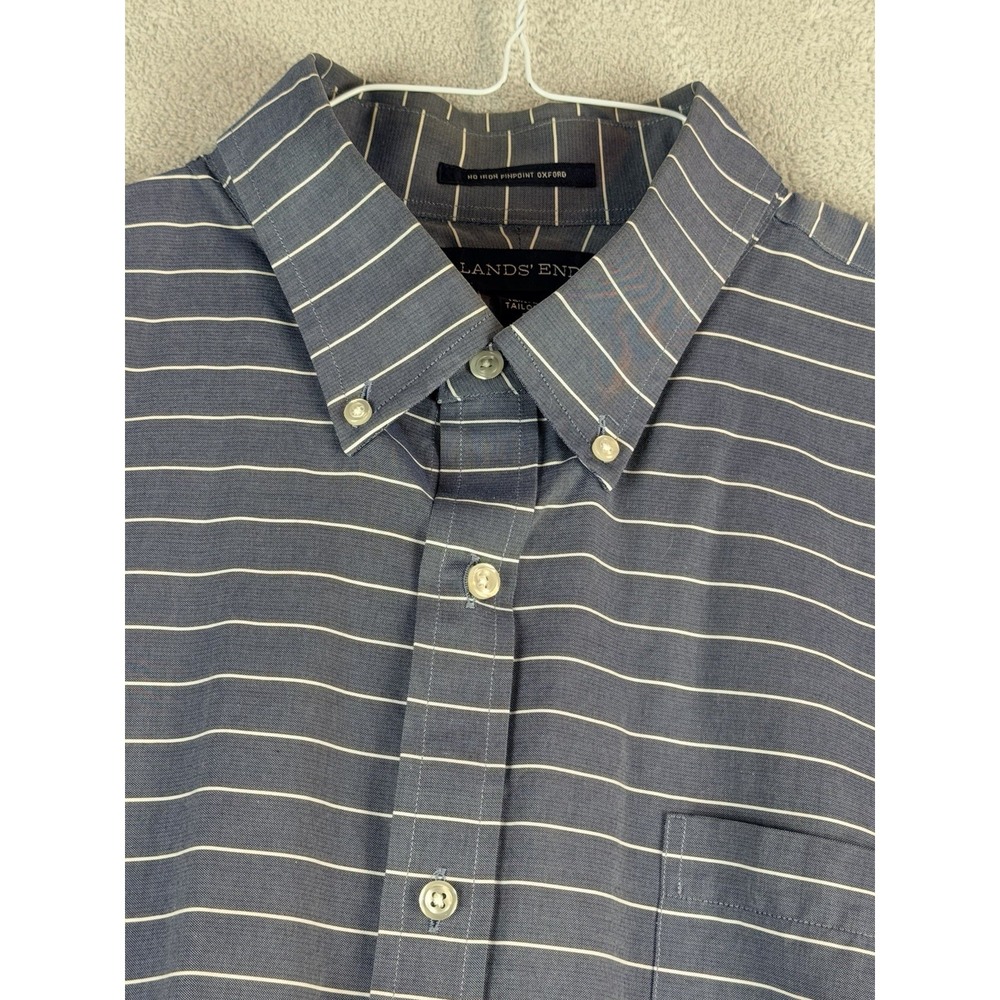 Lands End Men's 16.5X32 Button Down Striped Dress Shirt No-Iron Pinpoint Oxford